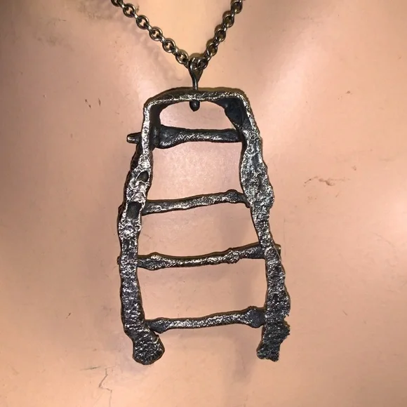 BRUTALIST MODERNIST RAW STEAMPUNK SILVERTONE PEWTER PENDANT AND CHAIN NECKLACE.